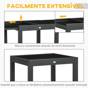Mesa de Jardim Extensível de Alumínio com Bancada de Vidro Temperado 160x80x75 cm Preto