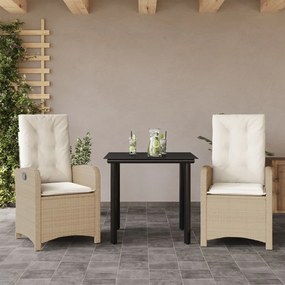 3 pcs conjunto de jantar p/ jardim com almofadões vime PE bege