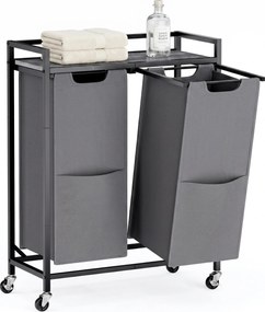 Cesto da roupa suja com 2 compartimentos 63 x 32 x 93 cm, carrinho com prateleira e bolsos preto-cinzento