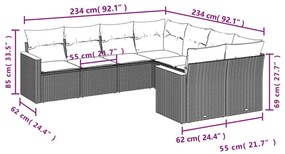 8 pcs conjunto sofás de jardim c/ almofadões vime PE cinzento