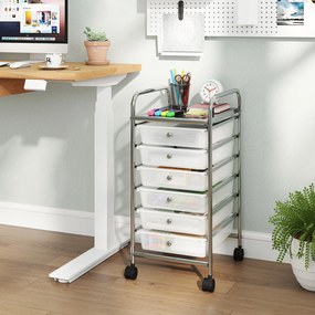Carrinho de Armazenamento com 6 Gavetas, 33 x 38 x 66 cm, Rodas Giratórias com Travão, Branco