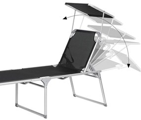Espreguiçadeira jardim grande XXL 65 x 200 x 48 cm carga até 150 kg com pala de sol Preta