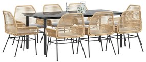 Conjunto jantar jardim 9 peças almofadas vidro vime PE castanho