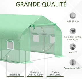 Estufa tipo túnel para jardim, 10,5 m², dimensões: 3,5 m (L) x 3 m (C) x 2 m (A), porta + 6 janelas enroláveis, aço galvanizado, lona de PE de alta de