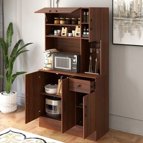 Armário para cozinha com 2 tomadas, 1 porta USB e 1 porta tipo C, gaveta e prateleiras ajustáveis 90 x 39 x 167 cm Cor Nogueira