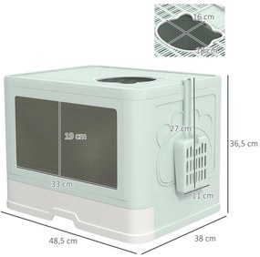 Caixa de Areia para Gatos Amovível com Pá Escova 2 Portas Entrada Principal e Saída Superior 48,5x38x36,5 cm Verde Claro