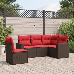 vidaXL 5 pcs conjunto sofás p/ jardim c/ almofadões vime PE castanho