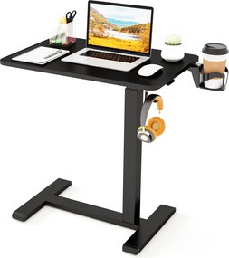 Mesa de computador com rodas ocultas, ajustável em altura com suporte para copos e gancho, preta