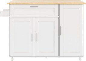 Mesa de cozinha móvel com tampo de trabalho dobrável, gaveta, prateleira para especiarias, suporte para toalhas, 132,5x44/70x90 cm, Branco+Cor natural| AOSOM Portugal