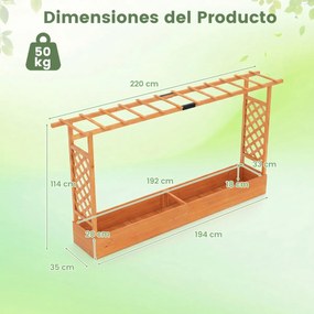 Floreira de jardim elevada em madeira com treliça 220 x 35 x 114 cm, teto suspenso, orifícios de drenagem, para plantas trepadeiras, laranja