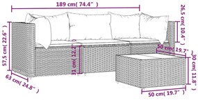 4 pcs conjunto lounge de jardim c/ almofadões vime PE preto