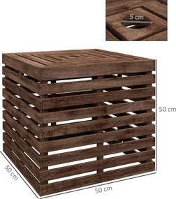 Caixa de arrumação exterior 2 em 1 para base de guarda-sol 50 x 50 x 50 cm, mesa auxiliar de terraço com orifício para guarda-sol em madeira castanho