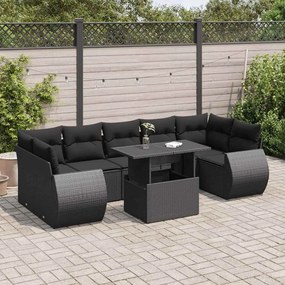 8 pcs conjunto sofás de jardim com almofadões vime PE preto