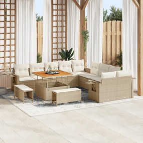 Conjunto de Sofás de Jardim vidaXL com 13 Peças com Almofadas Bege Rattan Acácia