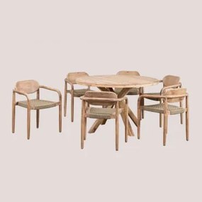 Conjunto De Mesa Redonda (ø120 Cm) E 6 Cadeiras De Jardim Com Braços Em Madeira Naele Castanho Trigo - Sklum