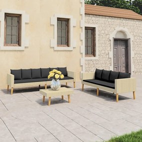 vidaXL 3 pcs conjunto lounge de jardim c/ almofadões vime PE bege