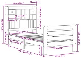 Cama com estante sem colchão 75x190 cm pinho maciço branco