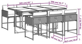 7 pcs conjunto de jantar p/ jardim c/ almofadões vime PE cinza