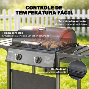 Grelhador a Gás BBQ com 2 Queimadores de 5 kW Termómetro Mesas Laterais Prateleira Grelha de Aquecimento 2 Rodas Preto
