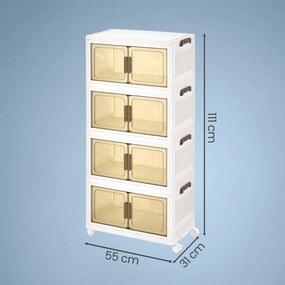 Caixas com tampa Organizador com rodas, 4 níveis, 31 x 55 x 111 cm Branco-castanho transparente