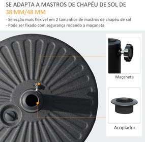 Outsunny Base de Chapéu de Sol de Jardim Recarregável de Água 22kg Suporte de Chapéu de Sol Redondo para Mastros de 38mm/48mm Portátil para Terraço Pátio Ø51x28cm Preto