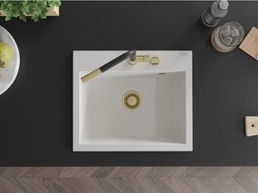Mexen Oscar lava-loiça em granito de 1 cuba 580 x 490 mm, branco, sifão dourado - 6519581000-20-G
