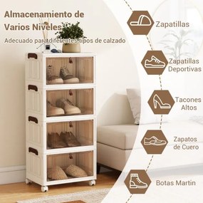 Caixa para sapatos dobrável de 4 níveis 39 × 27 × 85 cm, empilhável, com tampa, portas e rodas bloqueáveis, em plástico, para armário na entrada, sala
