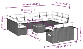 13 pcs conjunto sofás p/ jardim c/ almofadões vime PE cinzento