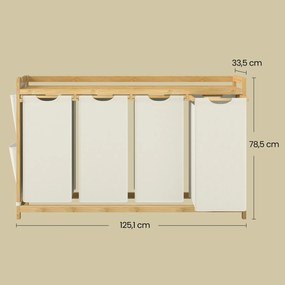Cesto da roupa suja com 4 compartimentos, bambu 200 L, 124,6 x 33 x 78 cm branco