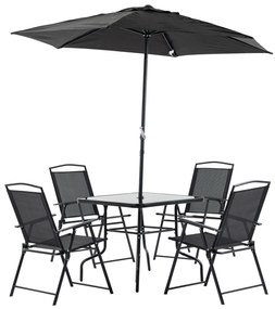 Outsunny Conjunto de Jardim Refeição com 4 Cadeiras Dobráveis Mesa e Chapéu de Sol Inclinável 80x80x70cm Preto