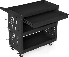 Armário para ferramentas metálico 80 x 35 x 73 cm com rodas, 3 níveis, gaveta e painéis perfurados para oficina, preto