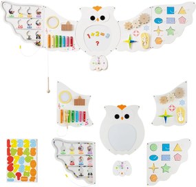 Painel de atividades de parede 11 em 1 em forma de coruja sensorial Montessori de madeira para crianças com mais de 3 anos Branco