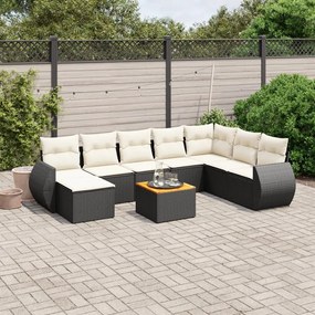 9 pcs conjunto de sofás p/ jardim c/ almofadões vime PE preto