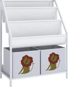 AIYAPLAY Estante Infantil para Livros 4 Níveis com 3 Prateleiras e 2 Gavetas em Tecido, Design Leão, Branco | Aosom Portugal