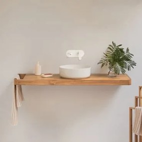 Conjunto De Móvel De Casa De Banho 130x45 Cm Suspenso Em Madeira De Teca Neill Madeira De Teca & Cerâmica Redonda Branca Ø40 Cm Lenka & Sem Espelho &