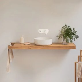 Conjunto De Móvel De Casa De Banho 130x45 Cm Suspenso Em Madeira De Teca Neill Madeira De Teca & Cerâmica Redonda Branca Ø40 Cm Lenka & - Sklum