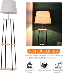 Candeeiro de pé de design contemporâneo, 40 x 40 x 160 cm, 40 W máx., 3 prateleiras integradas em madeira maciça de pinho, metal preto e linho bege e
