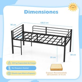 Cama Criança 198,5 x 96 x 88 cm tipo alta (COLCHÃO NÃO INCLUIDO) com baixa estrutura metálica com grades de segurança e 2 escadas com degraus metálico