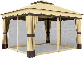 Pérgola de Jardim 3,7x3 m com Teto Duplo 4 Cortinas e Mosquiteira Estrutura em Aço Orifícios de Drenagem UV30+ Bege
