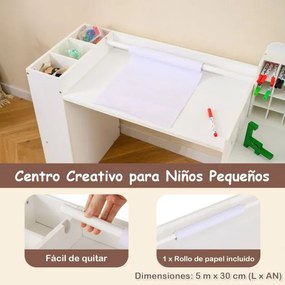 Conjunto de mesa e cadeira para arte infantil com suporte removível para rolo de papel e armário cubo branco