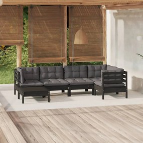 vidaXL 6 pcs conjunto lounge jardim c/ almofadões pinho maciço preto