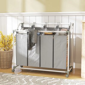 Cesto de roupa suja com rodas 4 x 40 L, 97 x 38 x 81 cm, carrinho para roupa suja, cesto com rodas com 4 sacos removíveis, cinzento