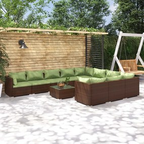 vidaXL 11 pcs conjunto lounge jardim c/ almofadões vime PE castanho