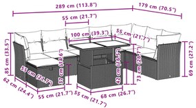 9 pcs conjunto de sofás p/ jardim com almofadões vime PE bege