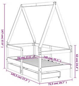 Estrutura cama infantil c/ gavetas 70x140cm pinho maciço branco