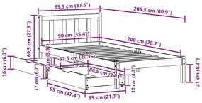 Cama sem colchão 90x200 cm madeira de pinho maciça