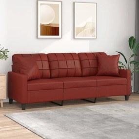vidaXL Sofá 3 lug. c/ almofadas/almofadões couro artif. vermelho tinto