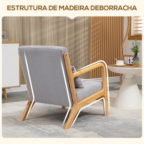 Poltrona Sala de Estar Nórdica Acolchoada com Apoio para os Braços e Estrutura de Madeira de Borracha 61x78x76 cm Cinza