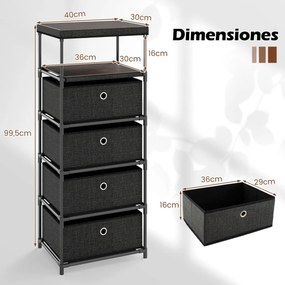 Cómoda com gavetas de tecido com superfície de madeira e estrutura metálica preto - 4 gavetas