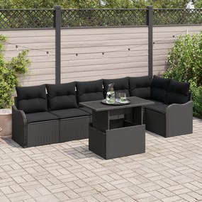 Conjunto de Sofás de Jardim 7 Peças com Almofadas em Rattan Poliéster Preto vidaXL
